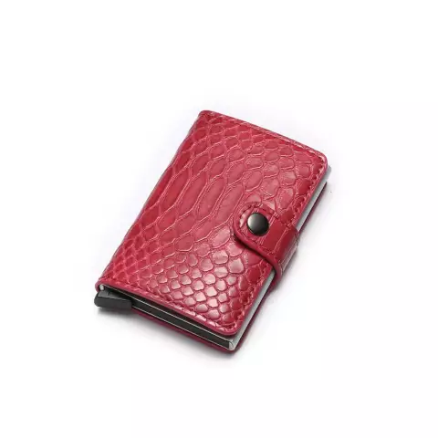 Anti-theft pop-up card holder wallet in red croc, front view