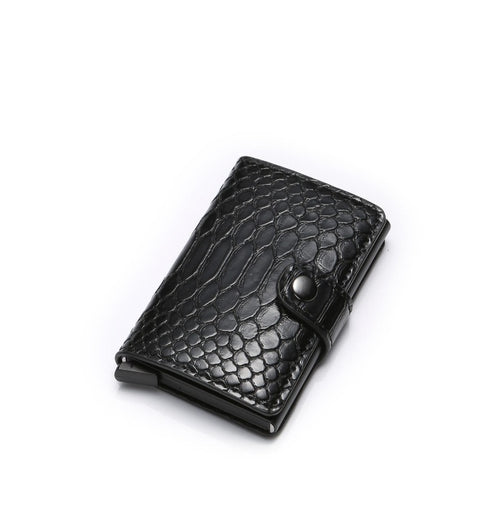 Anti-theft pop-up card holder wallet in black croc, front view